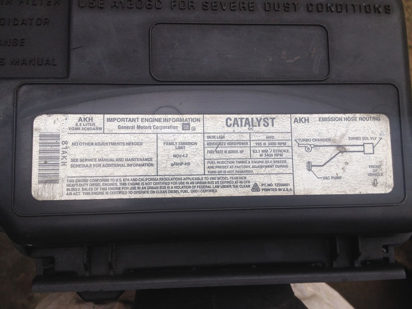 1996 GMC Sierra, K3500 Vehicle Emission Control Information Label Diesel Place